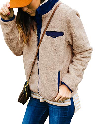 MEROKEETY Womens Long Sleeve Full Zip Sherpa Jackets Patchwork Fleece Coat with Zipper Pockets