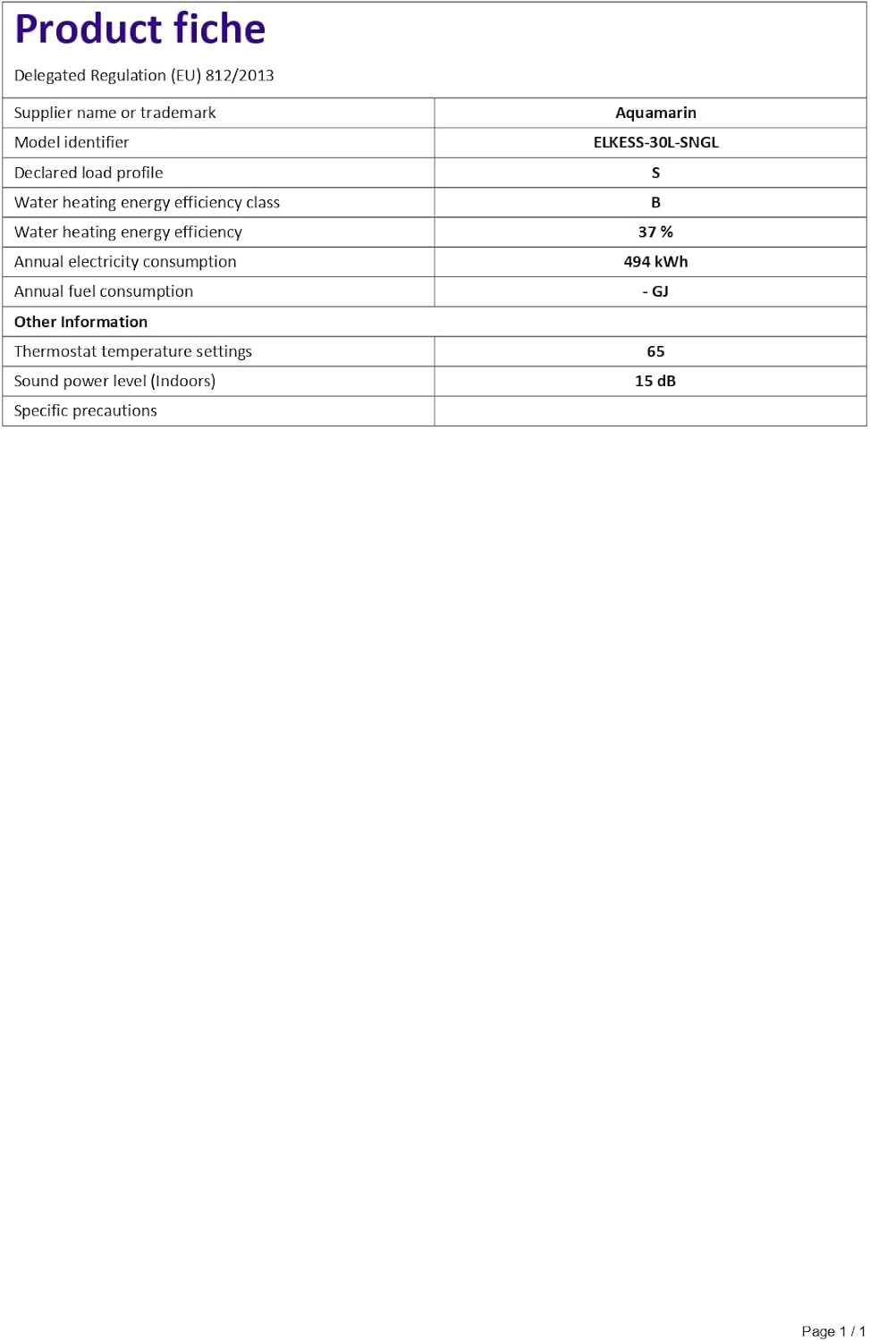 Product fiche for Aquamarin water heater, showing energy efficiency and other technical data