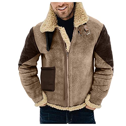 Men's Thermal Jackets Winter Vintage Faux Sherpa Fleece Lined Bomber Jacket Lapel Collared Windbreaker Outerwear