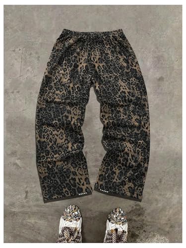 Verdusa Men's Striped Baggy Pants Leopard Print Drawstring Lightweight Loose Trousers2
