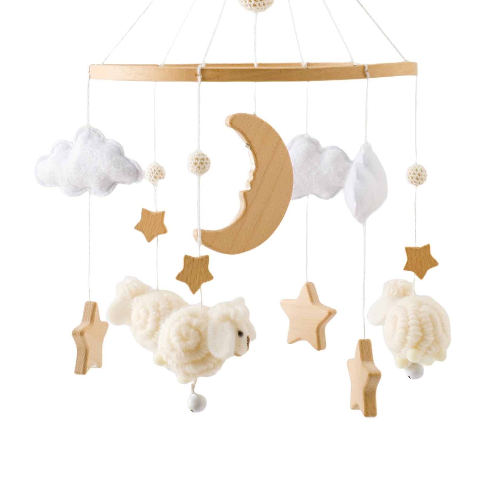 Mobile für Kinderbett mit Filzigen Hängenden Dekorationen Hölzerne Spieluhr mit Plüschpendel Und Windspiel Originelle Krippenmobile Zum Aufhängen, Beige