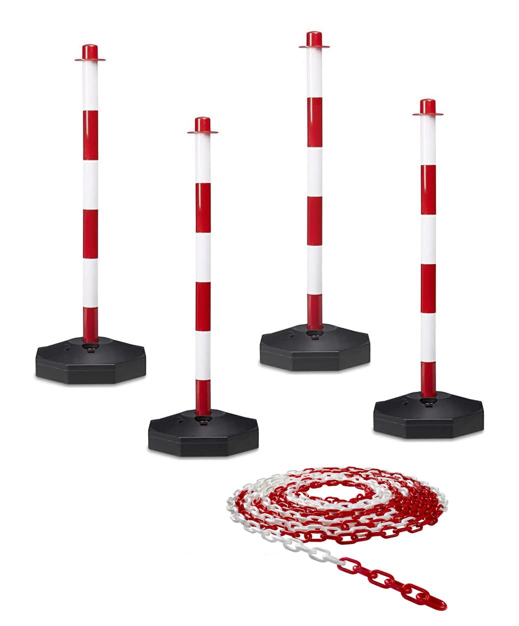 DMS SET 4 PALETTI SEGNALETICI CON BASE + 10 MT DI CATENA + GANCI AD ESSE-PER BARRIERE,PARCHEGGI,EVENTI,