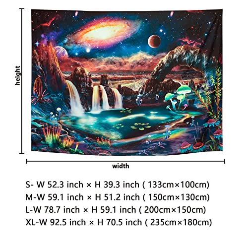 Image of Blacklight Galaxy Tapestry UV Reactive Waterfall Planet Landscape Tapestry Mountain Wave Wall Tapestries Neon Nebula Plants Wall Hanging for Room