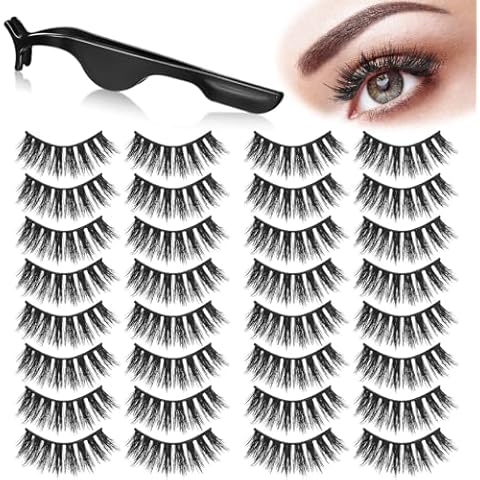 Linyuthia 16 Pair Reusable Self Adhesive Eyelashes Waterproof Stable False Lashes Self Stick Easy to Apply False Eyelashes with Tweezers for Women Natural No Eyeliner Look, Black(Thick Style) Cover
