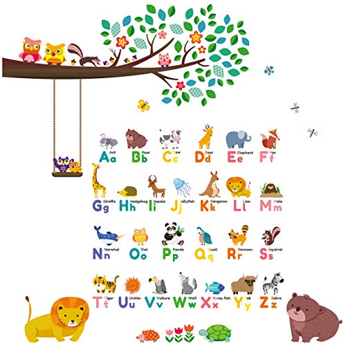DECOWALL DW-1614P1410 Animal Alphabet ABC Large Branch Owls Kids Wall Stickers Wall Decals Peel and Stick Removable Wall Stickers for Kids Nursery Bedroom Living Room décor