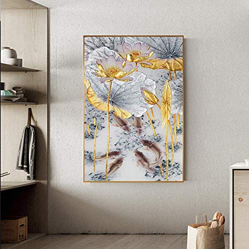 Toile Abstraite Poissons Lotus Dorés Solution Mur Vide Salon 70x100 - 2