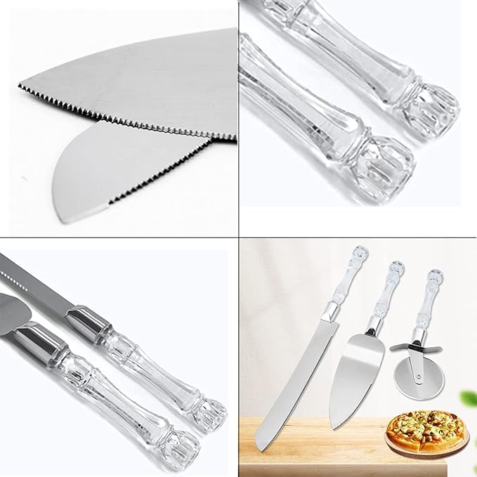 7Seas Stainless Steel Cake Cutting,Pie Serving&Pizza Cutter Roller Knife with Transparent Crystal Handle| Home&Travel Use Knife Set|Birthday,Wedding&Anniversary Celebration Luxury Cake Cutting Tools 2