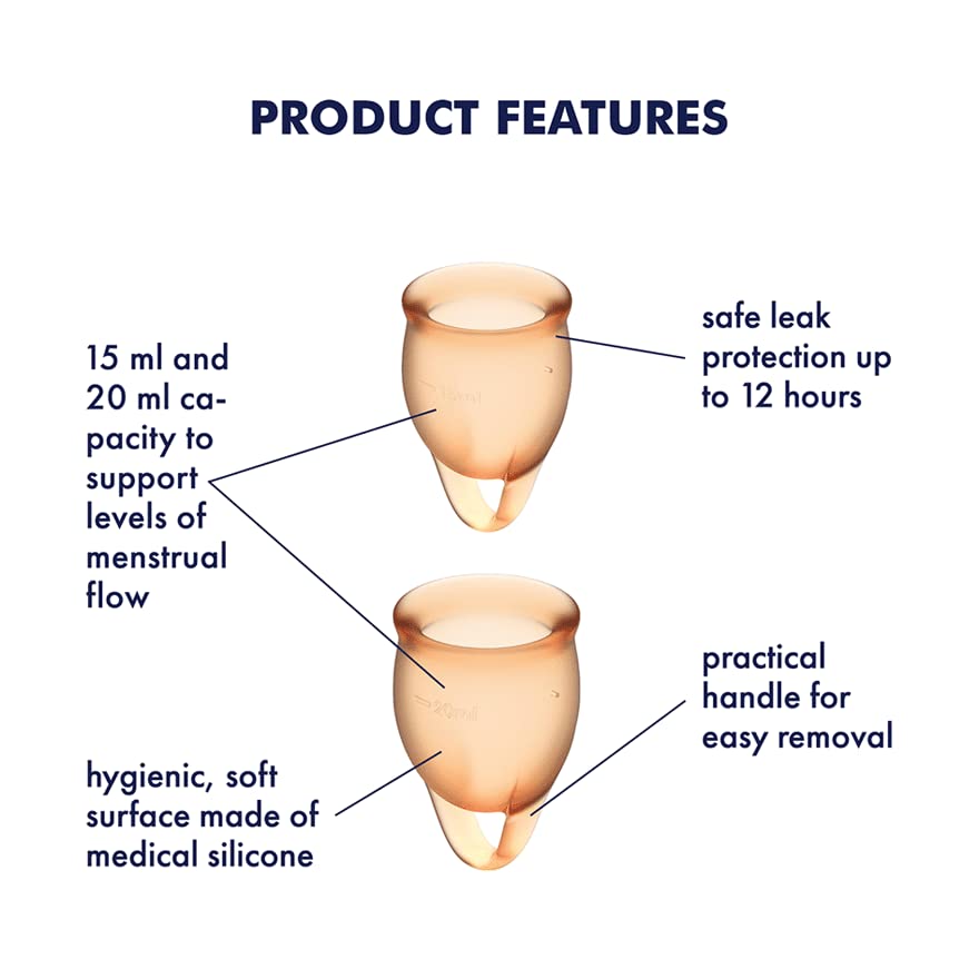 Satisfyer Feel Confident Menstrual Cup - Reusable Period Cup with Removal Ring - Soft, Flexible Body-Safe Silicone, Easy Insertion & Removal - Includes 2 Cup Sizes for All Flows (Orange)