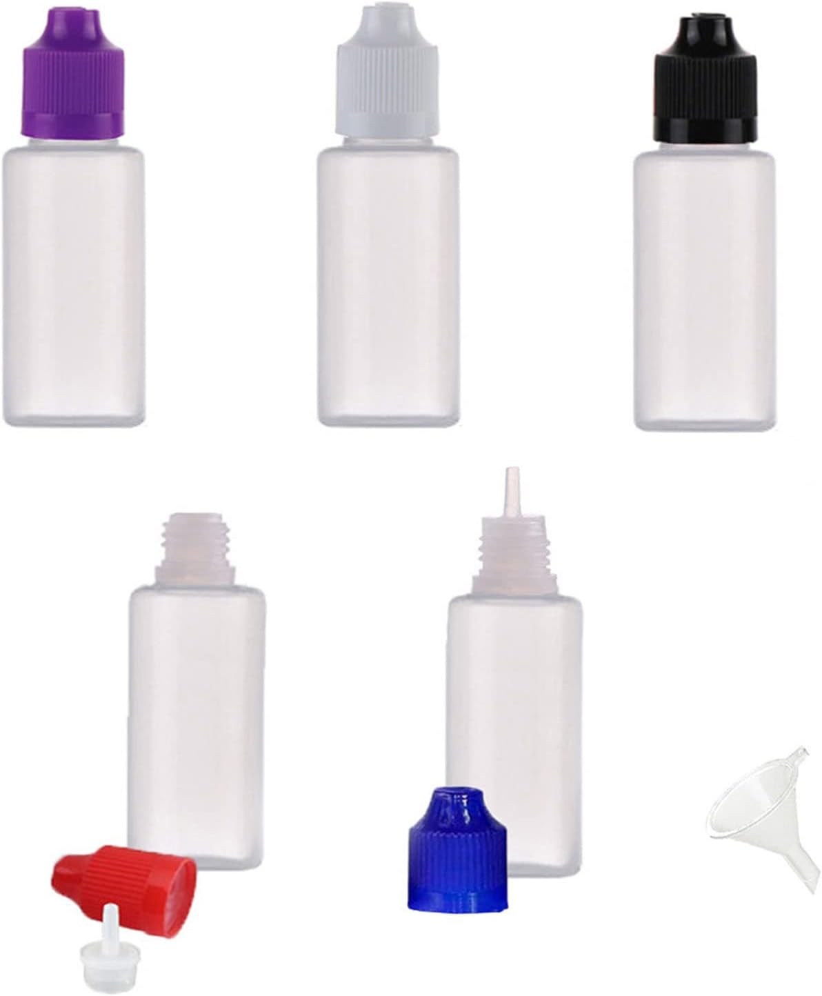 LDPE Squeezable Dropper Juice Bottle - 5Pcs x 15ml Empty Eye Liquid Droppers Plastic Containers + Mixed Color Childproof Caps + Funnel