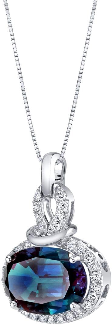PEORA 14K White Gold 7.96 Carats Created Alexandrite and Lab Grown Diamond Pendant, Color-changing Oval Shape 14x10mm, Color Change Alexandrite Jewelry, June Birthstone, w/Jewelry Box