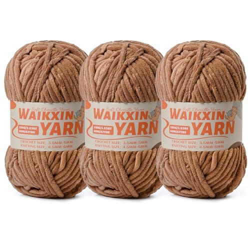 Image of (3Light Coffee) 3 Pack Super Soft Fuzzy Chenille Chunky Yarn for Crocheting, 300g (261yds) Velvet Fluffy Amigurumi Yarn for Hand Knitting Baby Blankets Weaving Craft
