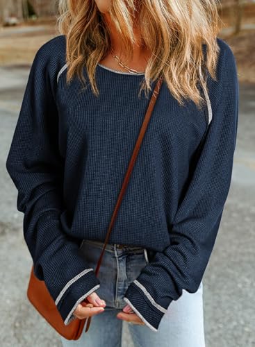 Dokotoo Womens Tops Long Sleeve Shirts Waffle Knit Tops Crewneck Fashion 2024 Casual T Shirts Loose Shirts Basic Tee3