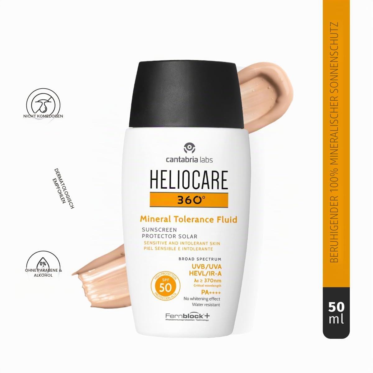 Derma Enzinger Heliocare Mineral Tolerance Fluid Mineralischer Sonnenschutz SPF 50 ohne Duftstoffe ohne Chemische Filter für atopische und sensible Haut geeignet, 50 ml