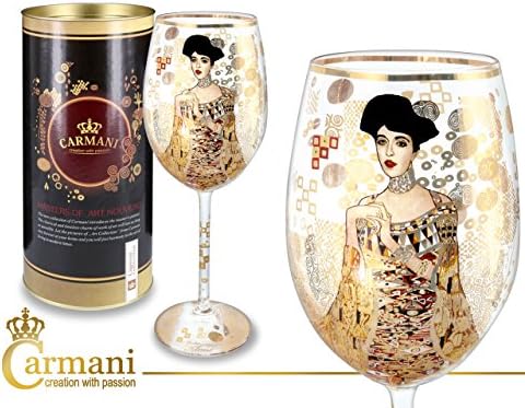 Carmani Painters Wine Goblet Glass, Famous by Gustav Klimt Glassware Collection (Golden Adele)