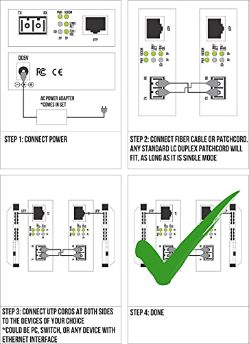 Image of Single Mode LC Gigabit Fiber Media Converter - Includes LC SFP 20 km (12.42 Miles) LC - to UTP Cat5e Cat6 10 /100 /1000 RJ-45 - Auto Sensing Gigabit or Fast Ethernet Speed - Jumbo Frame - LLF Support