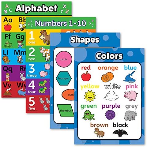 Palace Learning 4 pack - ABC Alphabet + Numbers 1-10 + Shapes + Colors Poster Set - Toddler Educational Charts (LAMINATED, 18" x 24") Cover