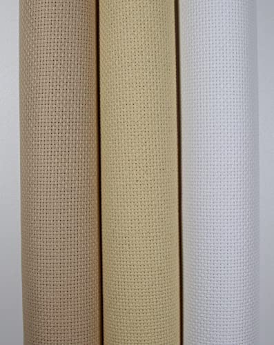Image of KCS 3 pc of 15 inch x 18 inch Counted Cross Stitch Cotton Aida Cloth Needlework Rolled Fabric Box,14CT,White+Light Straw+Khaki
