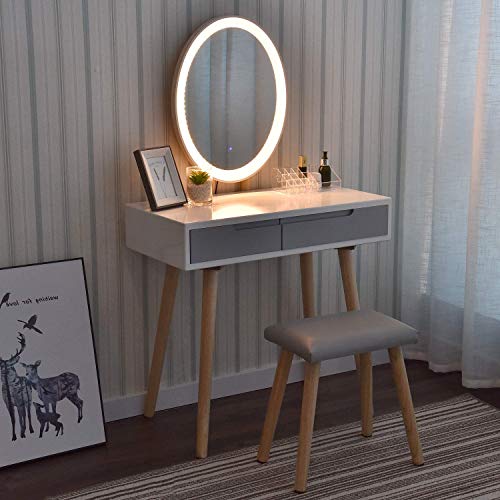 YU YUSING Coiffeuse avec Miroir LED et Tabouret,Table de Maquillage avec 2 spacieux tiroirs,Réglables 3 températures de Couleur, Bureau Coiffeuse Fille Femme, Rangement Coiffeuse Blanche, Ovale