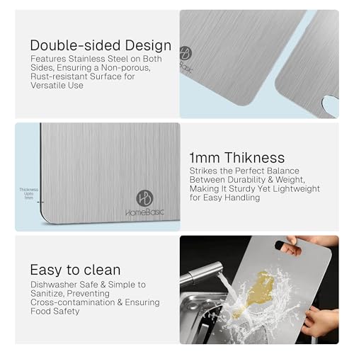 Image of HomeBasic Steel Chopping Board 36 x 25 cm | Food Grade 304 Stainless Steel, Double-Sided, Dishwasher Safe | Metal Cutting Board for Vegetables, Meat & Fish | Non-Porous, Rust Proof, Portable Handle