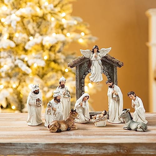Image of Glitzhome Nativity Sets Ivory 11Pcs Resin Nativity Figurines Sets for Christmas Indoor, Removable Angel Holy Family Statues Christian Nativity Tabletop Scenes Ornaments Church Decor 8 inch x 20.75 inch