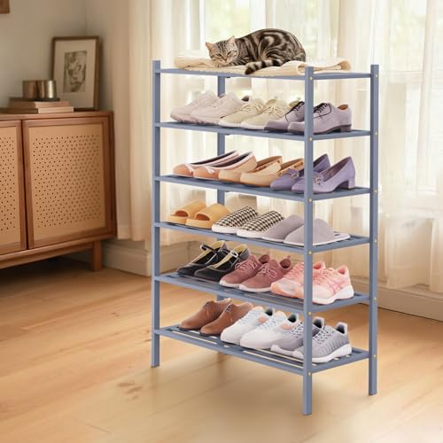 Image of Smiry Bamboo Shoe Rack, 5 Horizontal Slats, 6 Tier - 26.8 inch Wide, Grey