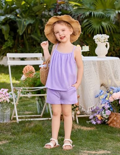 Image of Arshiner Toddler Kids Summer Clothes 2 Piece Tank Top and Shorts Set | Girl Summer Clothes 2 Piece Loose Spaghetti Strap Tank Top and Short Set Kids Clothing Sets with Pockets