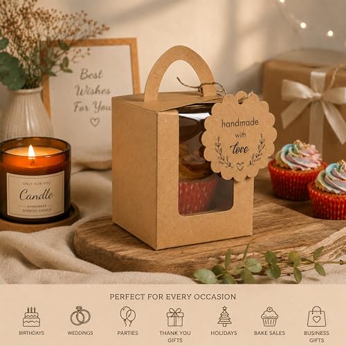 Image of mudrit Kraft Cupcake Boxes (Pack Of 50, Single Cupcake Carrier With Window, Insert And Handle For Pastry, Muffins, Cookies, Macaroons, Bakery | Party Favor Packing (Cardboard, Brown)