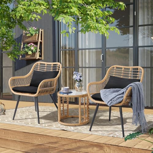JOIVI 3 Piece Patio Bistro Set, Wicker Outdoor Patio Set with Enhanced Comfort Seating, Round Glass...