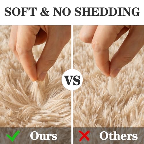 Soft Fluffy Rugs for Bedroom, Beige Fuzzy Shaggy Oval Bedside Area Rug Set of 2, Non-Slip Cozy Plush Shag Carpet for Kids Room Nursery Dorm Living Room, 2.6 x 5.3 Feet
