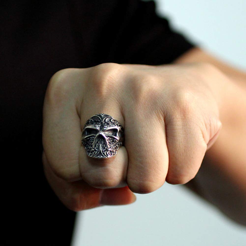 YABEME 925 Sterling Silber Schädelring, Vintage Geschnitzten Rock Punk Gothic Schmuck, Frauen Männer Coole Geburtstagsfeier Biker Geschenk (Größen 8-11)