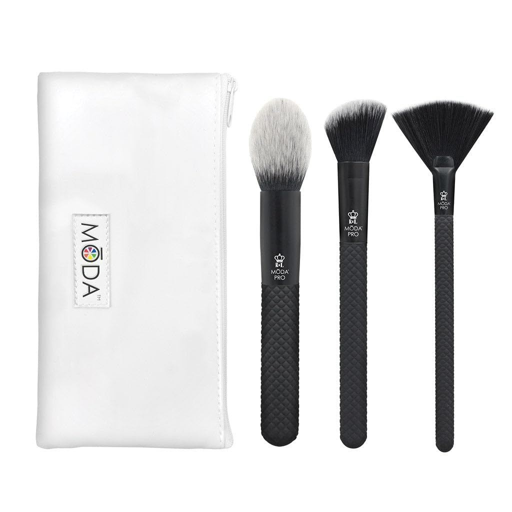 MODA Pro Full Size Finishing 4pc Makeup Brush Set with Pouch, Includes - Pointed Blush, Angle Blush, and Highlight Brushes, Black