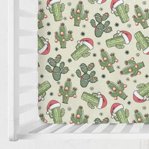 Image of Christmas Cactus Baby Crib Sheet 52''x28'' Desert Christmas Cactus Hats Snowflakes Fitted Crib Mattress Cover for Boy Girl Western Cactus Soft Baby Bed Sheets for Standard Crib and Toddler Mattress