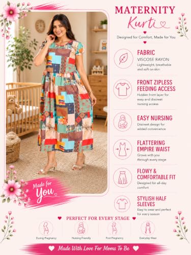 Image of RITIJYA Zipless Feeding Kurta Dress for Women | Maternity Nursing Kurti, No-Zip Easy Access | Extra Pleats Pre to Post Pregnancy | Quick-Dry Fabric | S-4XL