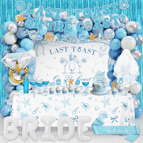 THAWAY Last Toast on The Coast Bachelorette Party Decorations - 139Pcs Coastal Blue Bridal Shower Decor Set with Backdrop Tablecloth Balloon Arch Kit Bride Veil & Sash for Beach Wedding Decorations
