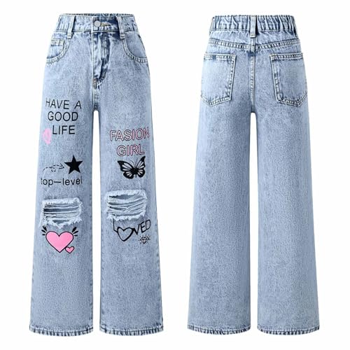 Linjinx Kids Girls Letter Printed Jeans Y2K Wide Leg Denim Pants Ripped Elastic Waist Casual Denim Trousers with Pocket4