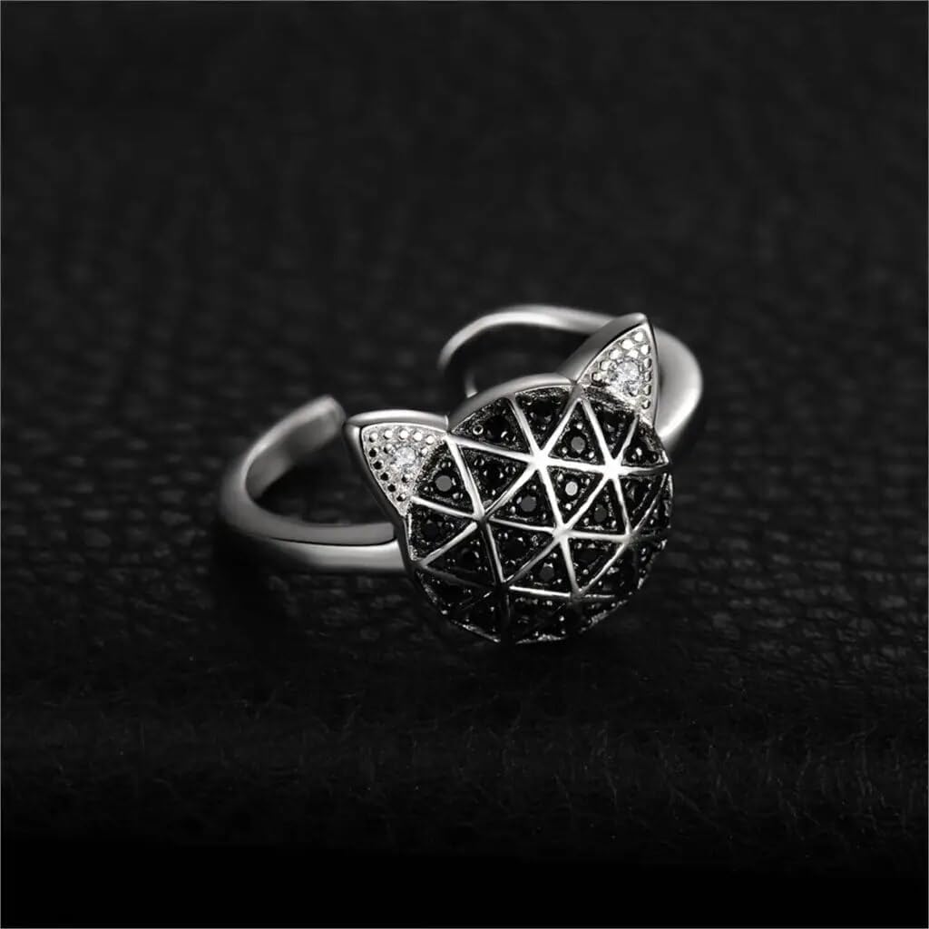 Cat Ear Natural Black Spinel Ring Adjustable Open Female 925 Sterling Silver Finger Ring for Women Jewelry SSS-0215