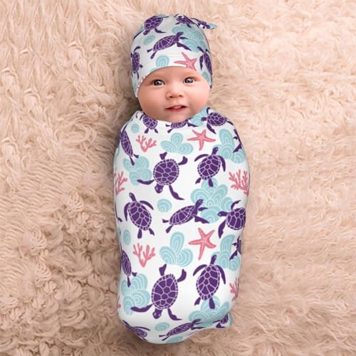 Image of Sea Turtle Ocean Coastal Newborn Swaddle Blankets Baby Stuff Soft Swaddling Blanket with Beanie Sets Gifts For Infant Boys Girls