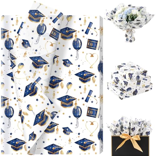 60 Sheets Graduation Tissue Paper Watercolor Graduate Caps Scrolls Stars Patterns Wrapping Paper for 2026 Season DIY Crafts Graduation Party Gift Wrap Supplies 13.8 x 19.7 Inch