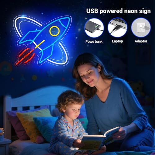 Image of Rocket Neon Sign for Wall Decor, Space Universe Decor Neon Sign Light for Boy's Bedroom, Gifts for Teen Kids, Dimmable USB Powered LED Light (Z001)
