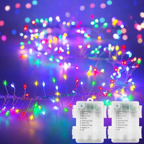 Image of BSGlobal 2 Pack Total 20Ft 400 LED Christmas Fairy Lights Battery Operated | Cluster String Lights with Timer 8 Modes Firecracker Twinkle Light for Garlands Tree Wedding Outdoor Decor (Multicolor)