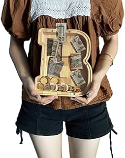 YWMSGM Large Wooden Letter Piggy Bank for Boys and Girls 26 Letter Money Bank, Name Personalized Custom Transparent Saving, Perfect Christmas, Birthday Present for Kids Adults and Home Decoration (B)