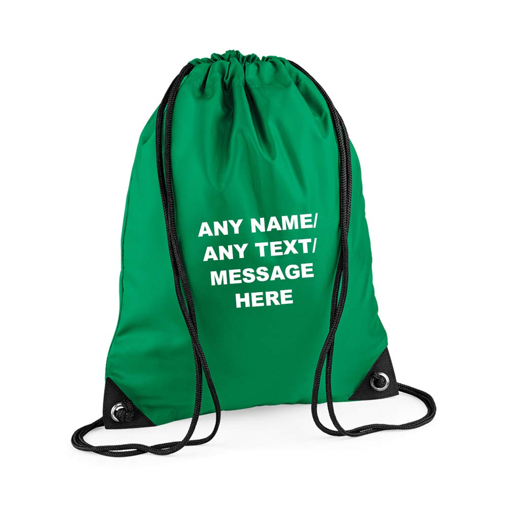 Getagift Personalised with your Own Any Name/Message/Text Premium Drawstring Bag, PE Gym Kit School, Swimming, Birthday/Secret Santa, PE Kids Sport Rucksack. (Kelly Green)