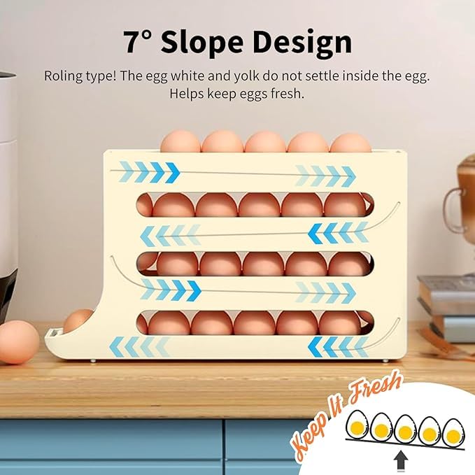 Image of Plastic Automatic Rolldown Refrigerator Rectangular 4 Tier Egg Rolling Dispenser, Holds Up To 30 Eggs, Holder For Fridge Storage - (OFF WHITE)