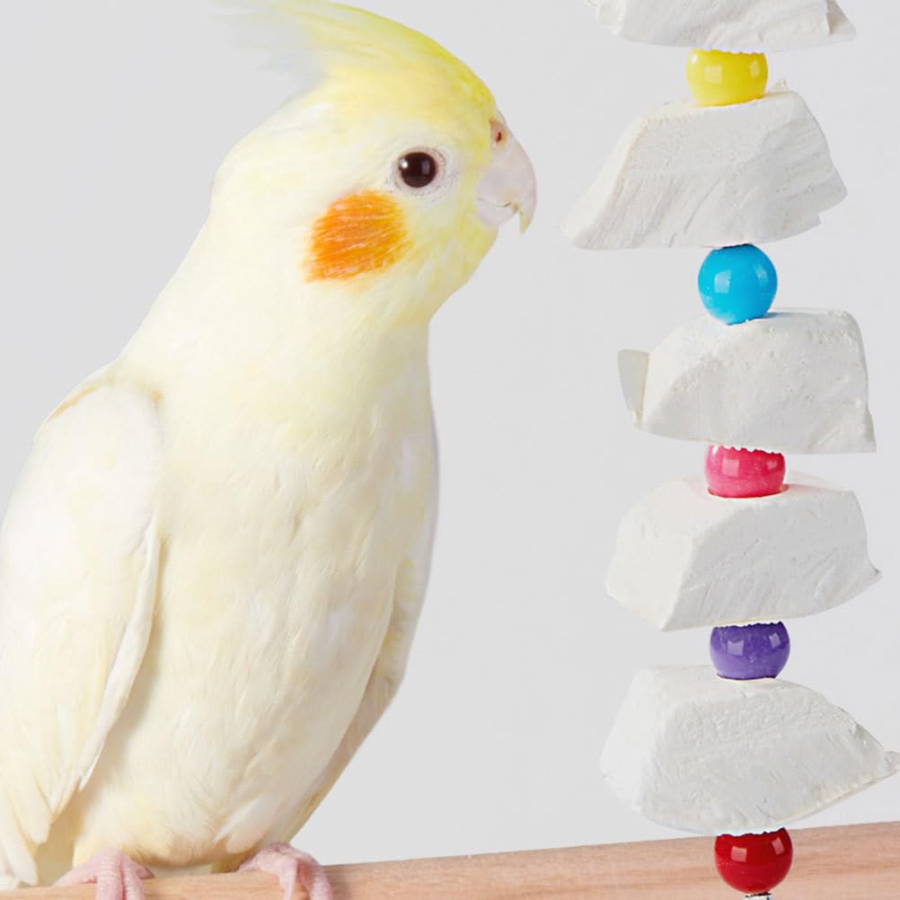 POPETPOP Teething Toys Bird Toys Cuttlefish Bone Bird Chewing Toy with Bells Parrot Beak Grinding Natural Block Cage Hanging Toys for African Greys Conure Parakeet M Teething Toys Bird Toys