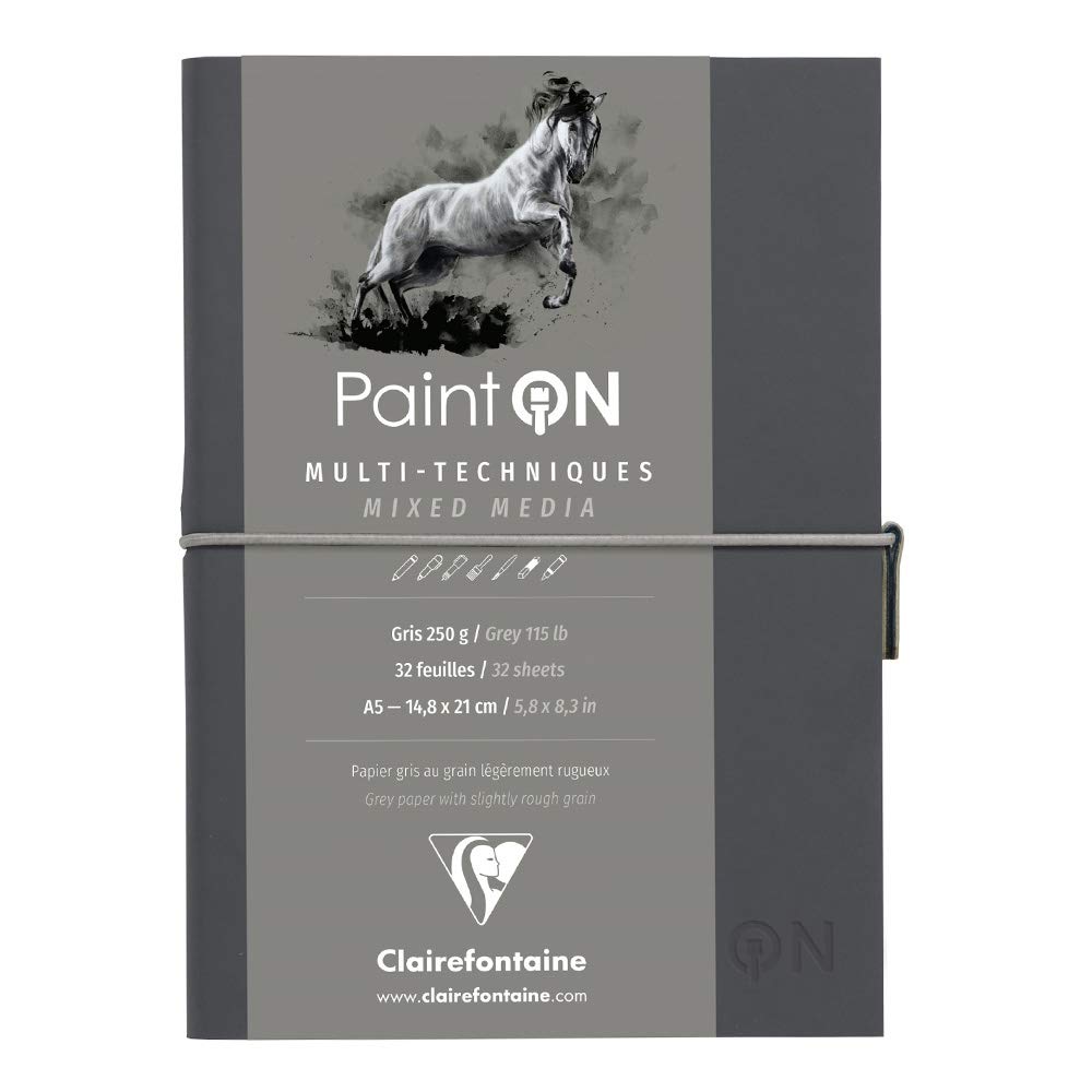 Clairefontaine Grey - Ref 975184C - Paint'on Multi-Technique Sewn Art Book (32 Sheets) - A5 Size, 250Gsm Paper, Acid Free - Suitable For Multiple Techniques