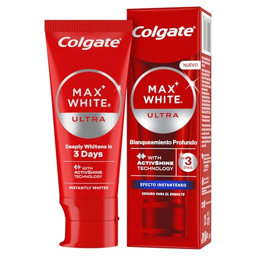 Colgate Max White Ultra Pasta de dientes Efecto Instantáneo, Blanquea las Manchas Profundas en 3 Días, la Tecnología ActiveShine Suaviza la Superficie del Esmalte para Reflejar la Luz, Sabor Mejorado