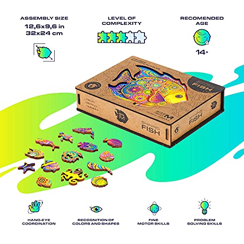 UNIDRAGON Wooden Jigsaw Puzzle, Best Gift for Adults and Kids, Unique Shape Jigsaw Pieces Shining Fish, 12.6 x 9.6 in… – Bild 5