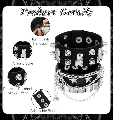 2 Pcs Punk Bracelets, Studded Bracelets Set with Spiked Leather Cuff, Adjustable Emo & Rock Wristband for Men Women (Black)3