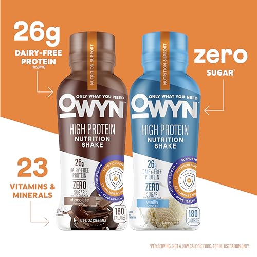 Image of OWYN Only What You Need High Protein Shake, Chocolate and Vanilla Flavored, 26g Protein, 0g Sugar, 3g Fiber, Dairy Free, Plant Based Protein Drink, 12 Count