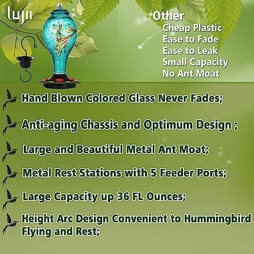 LUJII Hand Blown Glass Hummingbird Feeder for Outdoors Hanging, Leakproof, Never Fade, 36 fl.oz, 5 Feeding Metal Stations, Much Bigger, Garden Backyard Decoration, Great Gift for Bird Lover, Blue - 2